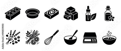 Set of black glyph icons for soap making and handmade cosmetics shows various tools and natural ingredients like molds, oils, herbs, and mixing bowls in a simple graphic style