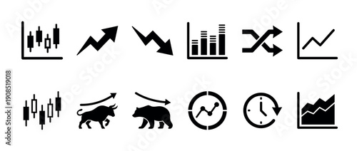 Collection of black stock exchange icons representing market analysis with candlestick charts, line graphs, bull and bear symbols, and trend indicators