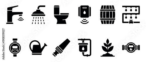 Collection of black glyph icons representing water conservation, usage, and management, including a faucet, shower, toilet, filter, and irrigation system symbols for various applications