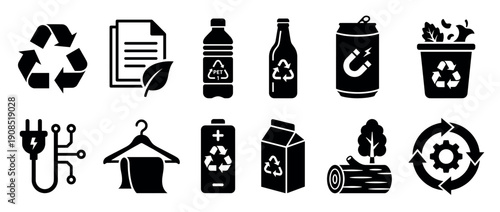 Set of black recycling glyph icons showing waste management symbols for paper, plastic, glass, and e-waste, representing environmental conservation and a circular economy concept