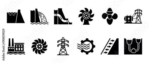 Set of black glyph icons for hydroelectric power generation shows a dam, turbine, power plant, and transmission tower for renewable energy concepts and sustainable technology
