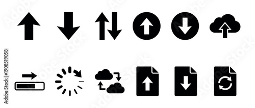 Collection of black upload and download icons including arrows, cloud storage, file transfer, and loading progress symbols for web and application user interfaces
