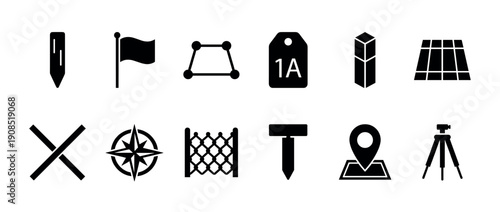 Collection of black glyph icons for land surveying and cartography showing various professional tools and symbols like a tripod, compass rose, boundary marker, and map pin