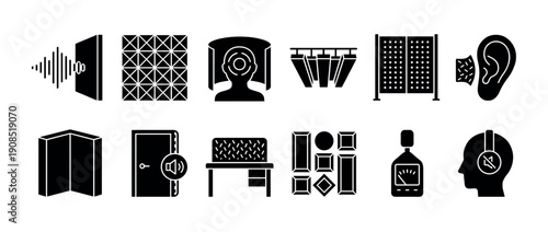Acoustic treatment and soundproofing black glyph icons set showing noise reduction, absorption panels, soundproof door, and audio equipment for studio and room insulation