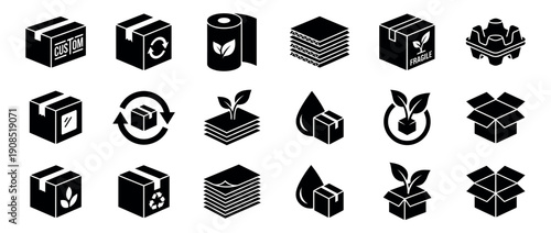 Set of black solid glyph icons for packaging and shipping, featuring isometric cardboard boxes, recycling symbols, eco-friendly materials, and fragile handling signs