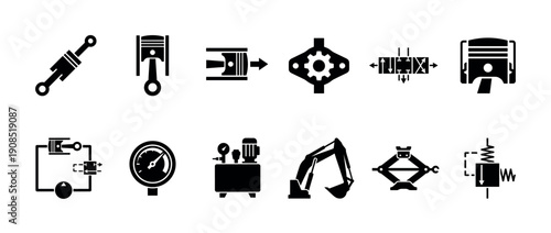 Set of black hydraulic and pneumatic engineering icons showing pistons, cylinders, compressors, gauges, and mechanical system diagrams for industrial design and technical illustration