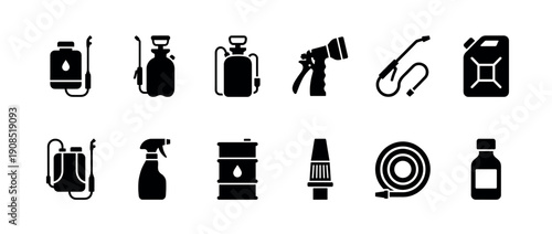 Black glyph icon set of garden sprayers and chemical containers for agriculture and pest control, featuring various equipment like nozzles, hoses, and barrels in a simple silhouette style