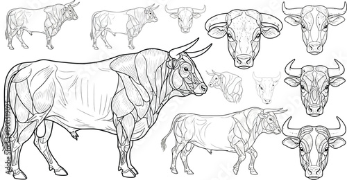 Detailed line art illustration of a bull and its musculature, with multiple poses and bull head studies, on a grid background