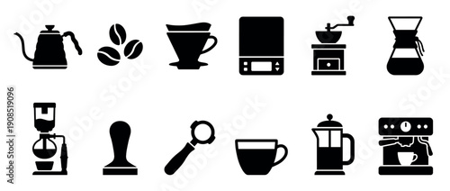 Black coffee brewing equipment vector icon set showing a kettle, grinder, espresso machine, french press, portafilter, tamper, scale, and pour-over dripper