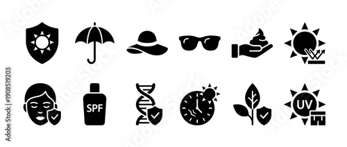 Set of black glyph icons for sun protection and skincare concepts including SPF lotion, UV shield, sunglasses, and a hat for dermatology and sun safety awareness