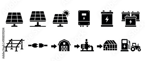 Black solar power and agriculture icon set showing panels, batteries, inverters, and a flowchart for powering farm equipment like a water pump, greenhouse, and tractor