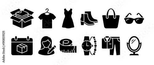 Set of black glyph icons for fashion subscription box services, including clothing, personal stylist, delivery, and accessory symbols for online shopping and rental