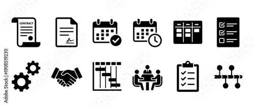 Collection of black business management icons for project planning, including contract, calendar, timeline, and meeting symbols in a simple glyph style