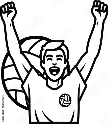 A triumphant volleyball player celebrating a win with arms raised high in excitement.