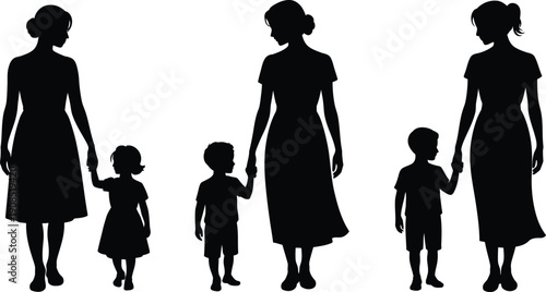 Three women and two children walking in a line holding hands