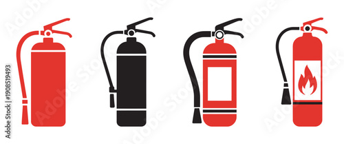 Fire extinguisher icon set, representing workplace safety and fire protection, vector illustration for emergency signage, firefighter equipment, industrial hazard prevention design