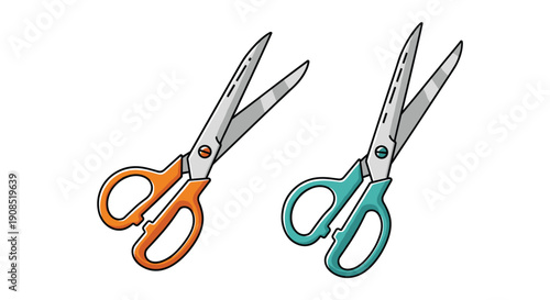 Set of two vibrant craft scissors with ergonomic handles in bright orange and teal green isolated on a white background.