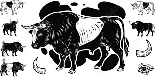 Artistic black and white vector illustrations of a strong bull with unique shading and dynamic poses, set against abstract shapes
