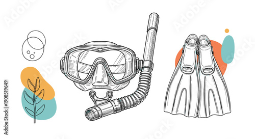 Artistic hand-drawn sketch of snorkeling gear featuring a mask snorkel and fins with colorful abstract geometric background shapes.