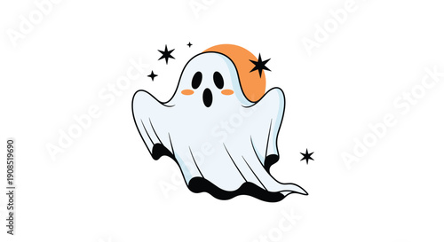 Cute cartoon ghost with a surprised expression flying in front of an orange crescent moon surrounded by black stars.