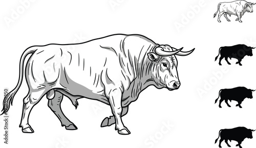 Striking illustration of a powerful bull in motion against bold black and white geometric shapes, with silhouette variations