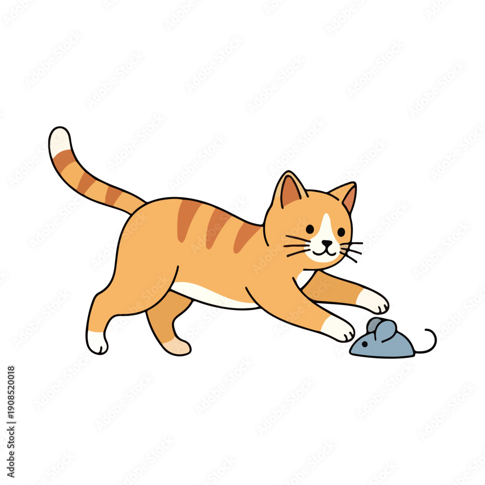 Naklejka premium Cute orange tabby cat playing with a toy mouse vector illustration