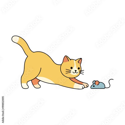 Cute Cartoon Cat Playing with Mouse Toy Simple Vector Illustration