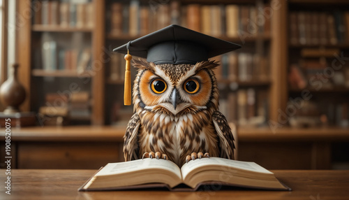 Wise owl graduate wearing graduation mortarboard reading an open book in a classic vintage library, a symbol of wisdom and knowledge