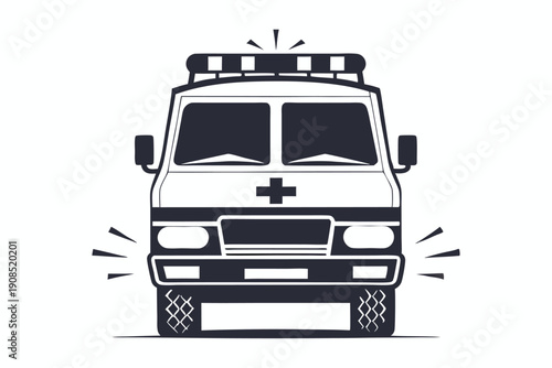 Monochrome Front View of an Ambulance Car with Siren and Emergency Cross Symbol