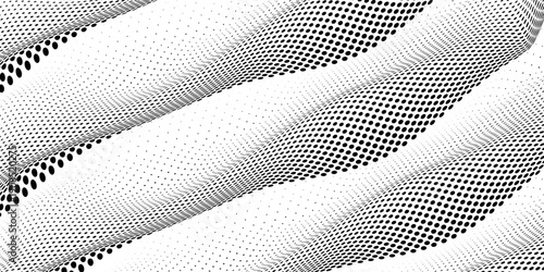 Flowing dots particles wave pattern 3D curve halftone black gradient curve shape isolated on white background. Vector in concept of technology, science, music, modern vector wave.