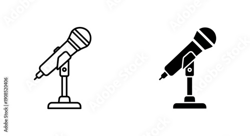 Professional Microphone on Stand Outline and Solid Glyph Icons for Public Speaking, Podcasts, and Live Broadcasts