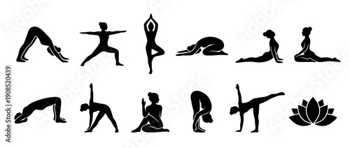 Collection of black yoga pose silhouettes featuring a woman in various asanas and a lotus flower symbol, illustrating concepts of wellness, balance, and mindful exercise