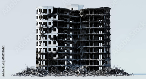 Damaged building with destroyed facade and debris.