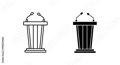 Professional Podium with Microphones Outline and Solid Glyph Icons for Public Speaking, Conferences, and Presentations