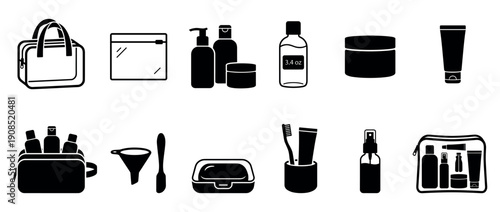 Collection of black silhouette icons representing travel-size toiletries and cosmetic accessories, including bottles, a toothbrush, cream jars, and a pouch for carry-on luggage