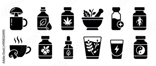 Set of black glyph icons representing alternative medicine, herbal remedies, nootropics, and natural supplements in a clean, minimalist vector style for wellness concepts
