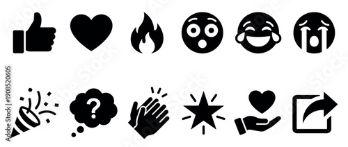 Black social media reaction icons collection featuring like, love, laugh, cry, and share symbols for digital communication and user interface design elements