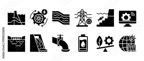 Collection of black silhouette icons illustrating hydroelectric energy production, featuring pictograms of a dam, water turbine, power grid, and ecological balance symbols