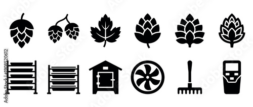 Collection of black hop farming icons showing cones, a leaf, drying racks, an oast house, a fan, a rake, and a moisture meter for brewing and agriculture concepts