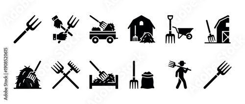 Black pitchfork and farming tool icons showing agricultural equipment and rural life activities in a minimalist vector glyph collection