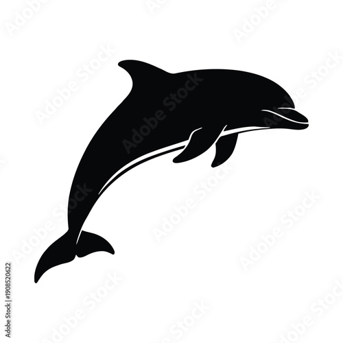 Black dolphin silhouette jumping out of water on white background black silhouette ocean