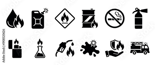 Collection of black fire safety icons including flammable liquid, a gas can, a no smoking sign, a fire extinguisher, a lighter, a fuel pump, an explosion, and a fire truck
