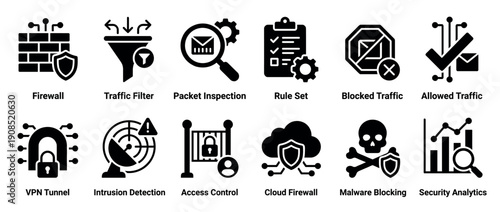Collection of black glyph icons for cybersecurity illustrating concepts such as firewall, traffic filtering, VPN tunnel, malware blocking, intrusion detection, and security analytics