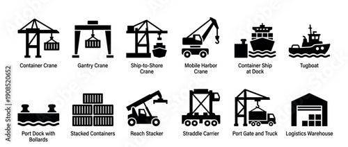 Set of black port logistics icons showing cranes, ships, containers, and warehouse equipment for the shipping and freight industry, presented as a simple infographic collection