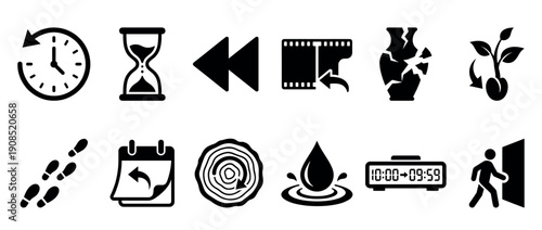 Set of twelve black glyph icons representing concepts of time, history, past, and reversal, including a clock, hourglass, rewind button, and calendar for user interface design