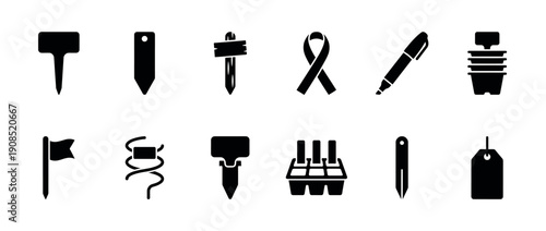 Set of black glyph icons for gardening and plant labeling shows various markers, tags, and tools for horticulture in a minimalist graphic style