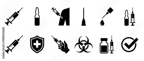 Black and white medical icon set featuring a syringe, vial, ampoule, biohazard symbol, and injection process for vaccination and healthcare themes