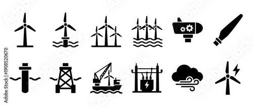 Set of black wind energy icons showing turbines, offshore platforms, and power generation symbols in a flat glyph style for renewable and sustainable electricity concepts