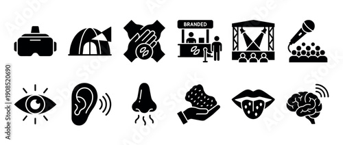 Experiential marketing and sensory perception icon set illustrating brand activation, live events, and the five human senses in a solid black glyph style