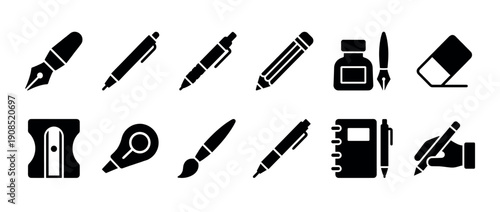 Black stationery and art supply icons set including various pens, a pencil, ink, an eraser, a sharpener, and a notebook, presented in a clean minimalist silhouette style